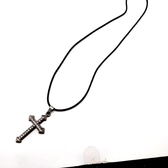 Black + Rhinestone Cross On Black Cord Choker Necklace 17" - Picture 4 of 10